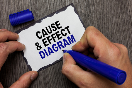 Handwriting text Cause and Effect Diagram. Concept meaning Visualization tool to categorize potential causes Gray wooden deck hand hold black marker written black lined sticky noteの写真素材