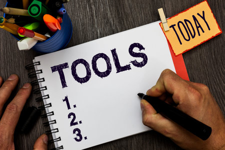 Handwriting text Tools. Concept meaning device implement like held and used carry out particular...