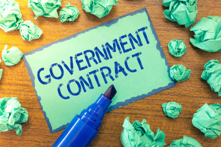 Handwriting text Government Contract. Concept meaning Agreement Process to sell Services to the...