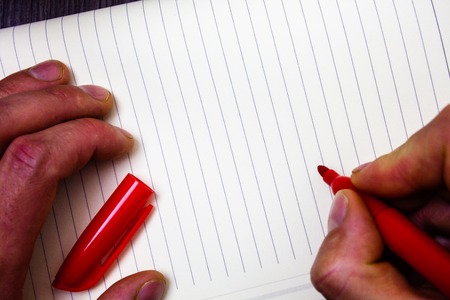 Design business Empty template isolated Minimalist graphic layout template for advertising . Man hold holding marker notebook paper ideas thoughts messages intentionsの写真素材