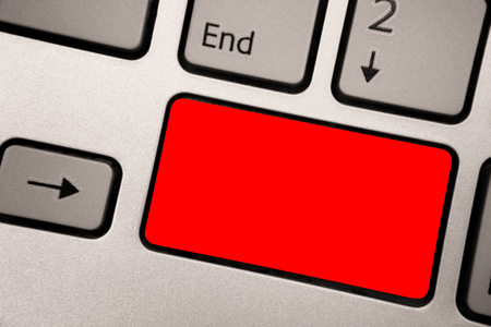 Design business concept Business ad for website promotion banners empty social media ad. Greyish silvery keyboard with boldred color button with black color textsの写真素材