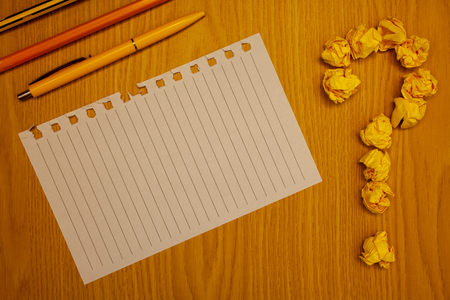 Design business concept Empty copy text for Web banners promotional material mock up template. Words written Note Desk Pen Pencil Question mark Crumbled notes paperの写真素材