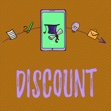 Text sign showing Discount. Conceptual photo deduction from usual cost of something Save on product service.の写真素材
