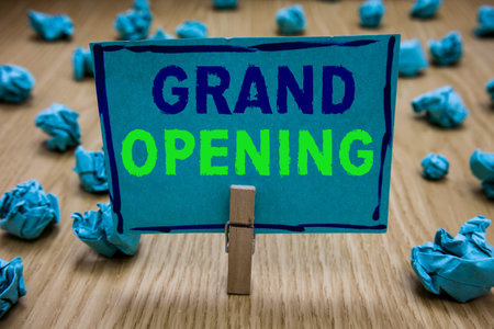Handwriting text writing Grand Opening. Concept meaning Ribbon Cutting New Business First Official...