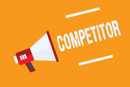 Conceptual hand writing showing Competitor. Business photo text Person who takes part in sporting contest commercial competition Megaphone loudspeaker orange background important message speakingの写真素材