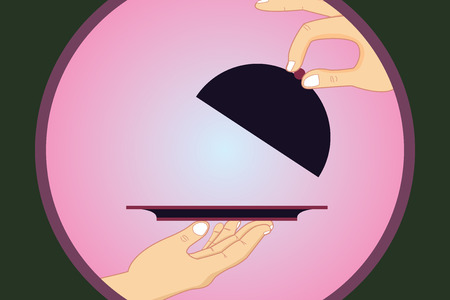 Design business concept Empty copy text for Web banners promotional material mock up template. Hu analysis Hands Serving Tray Platter and Lifting the Lid inside Color Circleのイラスト素材