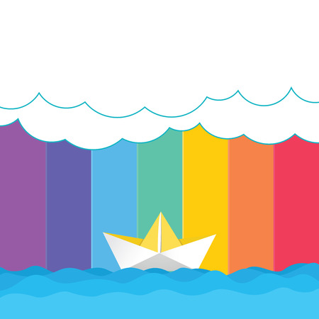 Business concept Empty template copy space isolated Posters coupons promotional material. Wave Heavy Clouds and Paper Boat Seascape Scene Vector Blank Copy Spaceのイラスト素材