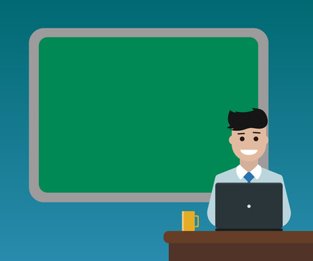 Design business concept Empty copy text for Web banners promotional material mock up template. Blank Bordered Board behind Man Sitting Smiling with Laptop Mug on Deskのイラスト素材