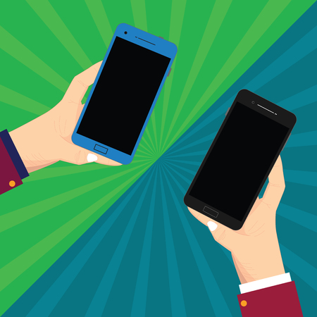 Design business concept Business ad for website promotion banners empty social media ad. Two Hu analysis Hands Each Holding Blank Smartphone Mobile on Sunburst Vectorのイラスト素材