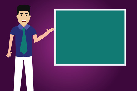 Design business Empty copy space text for Ad website promotion isolated Banner template. Man with Tie Standing Talking Presenting Blank Color Square Board Vectorのイラスト素材