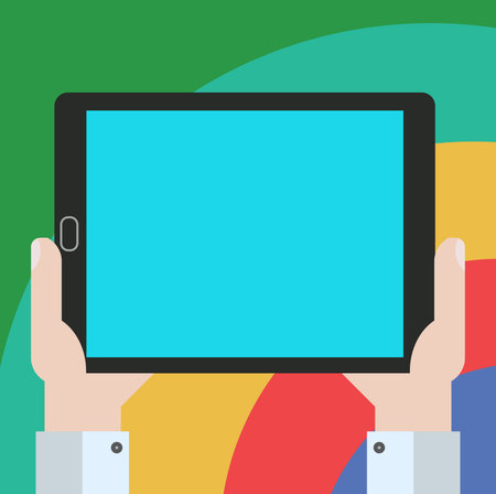 Design business concept Empty copy text for Web banners promotional material mock up template. Hu analysis Hand Holding Blank Screen Tablet Smartphone Display Unit Vectorのイラスト素材