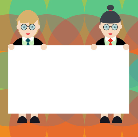 Design business concept Empty copy text for Web banners promotional material mock up template. Male and Female in Uniform Standing Holding Blank Placard Banner Text Spaceのイラスト素材