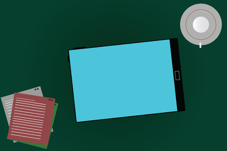 Design business concept Empty copy text for Web banners promotional material mock up template. Tablet Empty Screen Cup Saucer and Filler Sheets on Blank Color Backgroundのイラスト素材