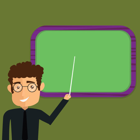 Design business concept Empty template copy space text for Ad website isolated. Man Standing Holding Stick Pointing to Wall Mounted Blank Color Boardのイラスト素材