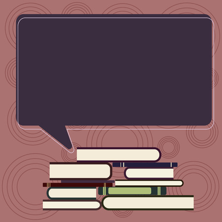 Design business concept Empty template copy space text for Ad website isolated. Uneven Pile of Hardbound Books and Blank Rectangular Color Speech Bubbleのイラスト素材