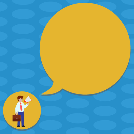 Design business concept Empty template copy space text for Ad website isolated. Man in Necktie Carrying Briefcase Holding Megaphone Blank Speech Bubbleのイラスト素材