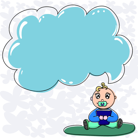 Design business Empty template isolated Minimalist graphic layout template for advertising . Baby Sitting on Rug with Pacifier Book and Blank Color Cloud Speech Bubbleのイラスト素材