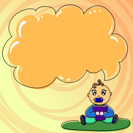Design business concept Empty copy space modern abstract background. Baby Sitting on Rug with Pacifier Book and Blank Color Cloud Speech Bubbleのイラスト素材