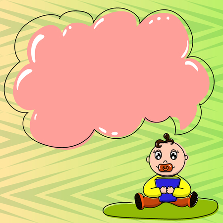 Business concept Empty template copy space isolated Posters coupons promotional material. Baby Sitting on Rug with Pacifier Book and Blank Color Cloud Speech Bubbleのイラスト素材