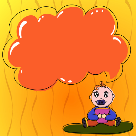 Business concept Empty template copy space isolated Posters coupons promotional material. Baby Sitting on Rug with Pacifier Book and Blank Color Cloud Speech Bubbleのイラスト素材