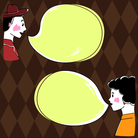 Design business concept Empty copy space modern abstract background. Hand Drawn Man and Wo analysis Talking Vector with Blank Color Speech Bubbleのイラスト素材
