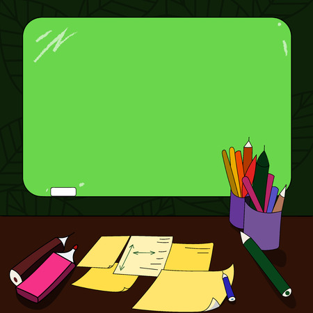 Design business concept Empty copy space modern abstract background. Mounted Blank Color Blackboard with Chalk and Writing Tools Sheets on Deskのイラスト素材