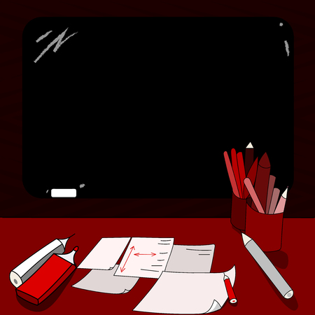 Design business concept Business ad for website promotion banners empty social media ad. Mounted Blank Color Blackboard with Chalk and Writing Tools Sheets on Deskのイラスト素材