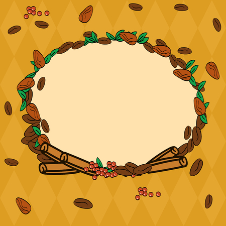 Business Empty template for Layout for invitation greeting card promotion poster voucher. Wreath Made of Different Color Seeds Leaves and Rolled Cinnamon Vectorのイラスト素材