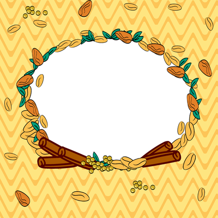 Design business concept Empty copy space modern abstract background. Wreath Made of Different Color Seeds Leaves and Rolled Cinnamon Vectorのイラスト素材