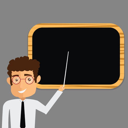 Business concept Empty template copy space isolated Posters coupons promotional material. Man Standing Holding Stick Pointing to Wall Mounted Blank Color Boardのイラスト素材