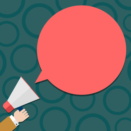 Business concept Empty template copy space isolated Posters coupons promotional material. Hu analysis Hand Holding Megaphone Blank Round Color Speech Bubble Vectorのイラスト素材