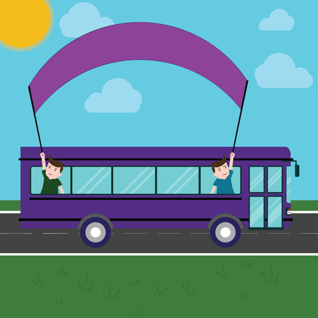 Design business concept Business ad for website promotion banners empty social media ad. Two Kids Inside School Bus Holding Out Banner with Stick on a Day Tripのイラスト素材