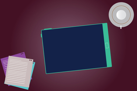 Design business concept Business ad for website promotion banners empty social media ad. Tablet Empty Screen Cup Saucer and Filler Sheets on Blank Color Backgroundのイラスト素材