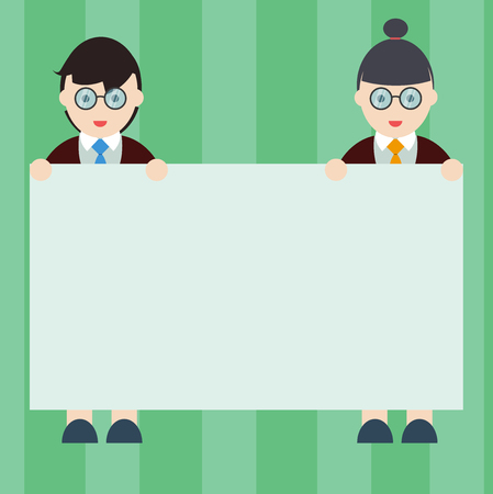 Design business concept Empty copy text for Web banners promotional material mock up template. Male and Female in Uniform Standing Holding Blank Placard Banner Text Spaceのイラスト素材