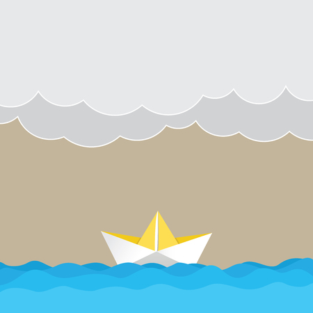 Design business concept Empty template copy space text for Ad website isolated. Wave Heavy Clouds and Paper Boat Seascape Scene Vector Blank Copy Spaceのイラスト素材