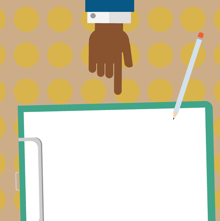 Design business concept Empty copy text for Web banners promotional material mock up template. Hu analysis Hand Pointing Down to Clipboard with Blank Bond Paper and Pencilのイラスト素材
