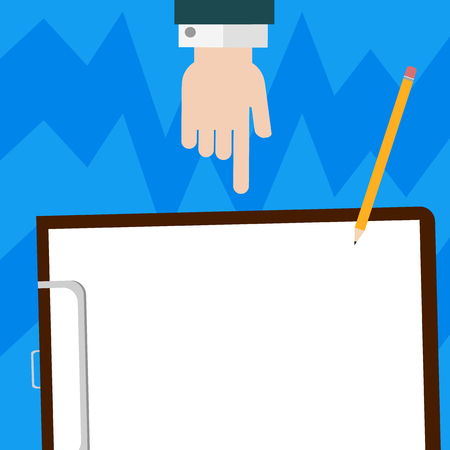 Design business concept Empty template copy space text for Ad website isolated. Hu analysis Hand Pointing Down to Clipboard with Blank Bond Paper and Pencilのイラスト素材