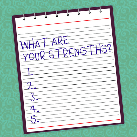 Writing note showing What Are Your Strengthsquestion. Business photo showcasing Tell us your best qualities skills Lined Spiral Top Color Notepad photo on Watermark Printed Backgroundの写真素材