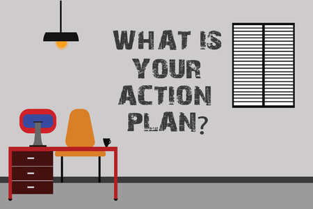Writing note showing What Is Your Action Planquestion. Business photo showcasing Explain your steps for reach your goal Minimalist Interior Computer and Study Area Inside a Roomの写真素材