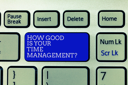 Conceptual hand writing showing How Good Is Your Time Managementquestion. Business photo showcasing Managing deadlines timing Keyboard Intention to create computer message keypad ideaの写真素材