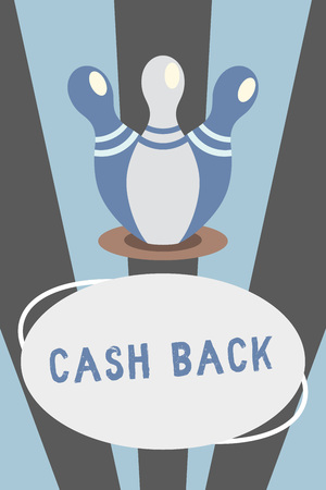 Conceptual hand writing showing Cash Back. Business photo showcasing incentive offered buyers certain product whereby they receive cash Bowling Pins standing same spot fall above Blank Oval formの写真素材