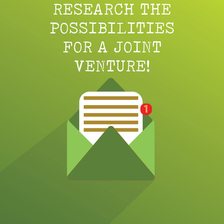 Handwriting text Research The Possibilities For A Joint Venture. Concept meaning Make a partnership deal Open Message Envelope with one Empty Sheet of Lined paper coming outの写真素材