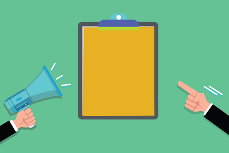 Flat design business Vector Illustration concept copy text for esp Web banners promotional material mock up template. Two Human Hands Holding Megaphone another Pointing to a Blank Clipboardのイラスト素材