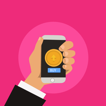 Flat design business Vector Illustration concept copy text for esp Web banners promotional material mock up template. Male Human Hand Holding Touchpad Smartphone with Round Button on Screenのイラスト素材