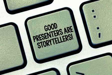 Writing note showing Good Presenters Are Storytellers. Business photo showcasing Great communicators tell excellent stories Keyboard Intention to create computer message keypad ideaの写真素材