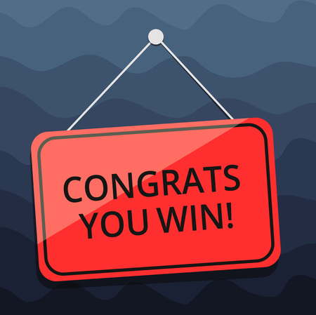 Writing note showing Congrats You Win. Business photo showcasing Congratulations for your accomplish competition winner Blank Hanging Color Door Window Signage with String and Tackの写真素材