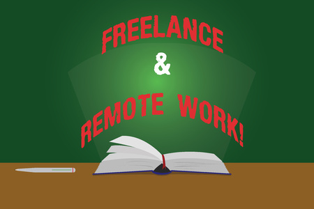 Text sign showing Freelance And Remote Work. Conceptual photo Independent working modern online type of job Color Pages of Open Book photo on Table with Pen and Light Beam Glaringの写真素材