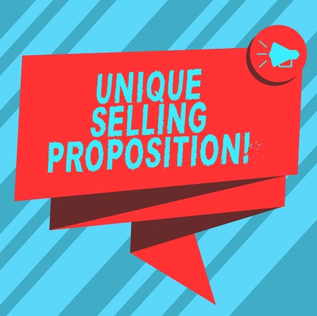 Text sign showing Unique Selling Proposition. Conceptual photo differentiates a product from its competitors Folded 3D Ribbon Sash Megaphone Speech Bubble photo for Celebrationの写真素材