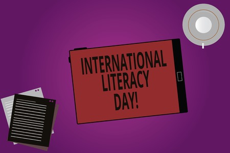 Text sign showing International Literacy Day. Conceptual photo Celebrated annual event on 8 of September Tablet Empty Screen Cup Saucer and Filler Sheets on Blank Color Backgroundの写真素材