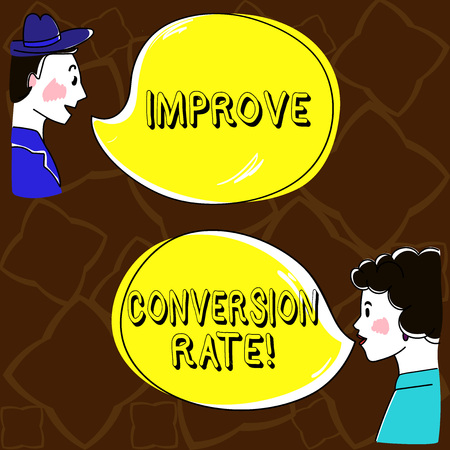Word writing text Improve Conversion Rate. Business concept for Increase the percentage of visitors to your website Hand Drawn Man and Wo analysis Talking photo with Blank Color Speech Bubbleの写真素材